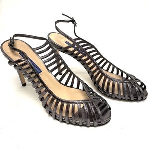 Stuart Weitzman “Olive” pewter Cage Sandal Pumps